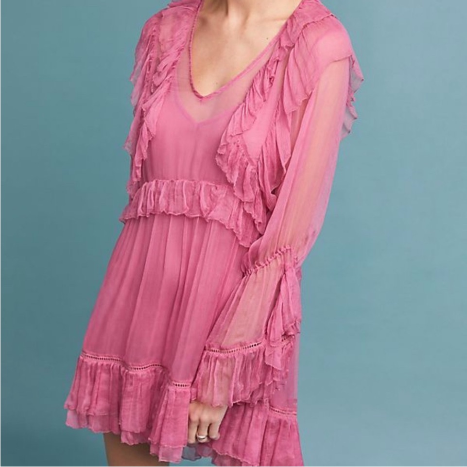 Love Sam Juliette Ruffle Boho Mini Dress Pink Sheer Romantic Dress